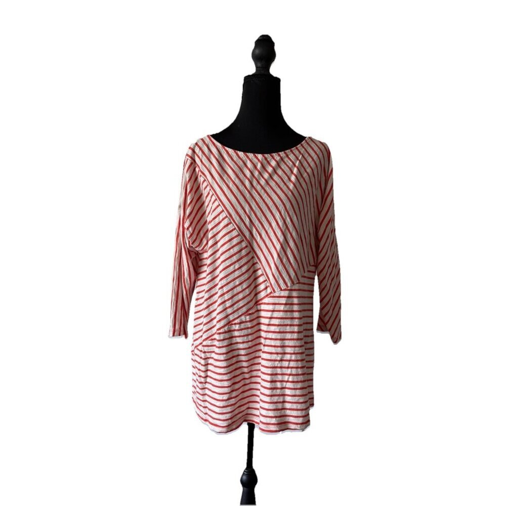 Chico's Size 2 (LARGE) Women's Long Sleeve Red And White Striped Blouse Classic